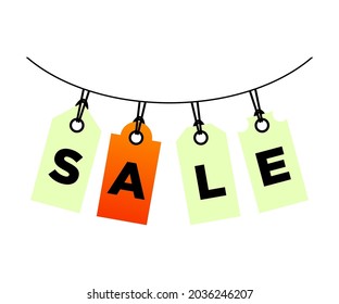 Sale signboard isolated on white background, orange labels suspended on ropes. For banner ads, big discounts and black friday