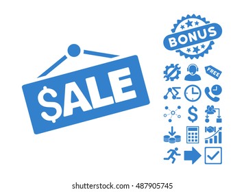 Sale Signboard pictograph with bonus images. Vector illustration style is flat iconic symbols, cobalt color, white background.