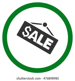 Sale Signboard vector bicolor rounded icon. Image style is a flat icon symbol inside a circle, green and gray colors, white background.