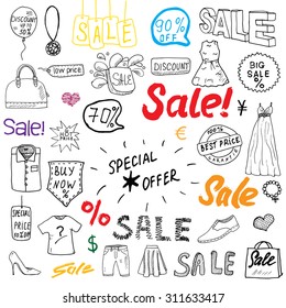 Sale signs and price discount tags, shopping associated symbols. Hand-Drawn set of design elements with hand written Lettering. Vector Illustration Sketchy Doodles isolated on white background.