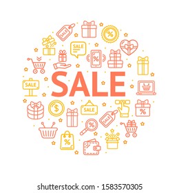 Sale Signs Round Design Template Thin Line Icon Concept for Marketing and Advertising on a White. Vector illustration