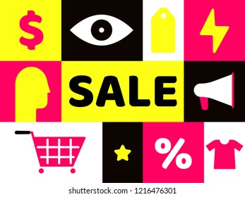 Sale simple forms and shapes banner flat style design vector illustration. Text SALE arounded of dollar sign, eye, head, loud speaker, t-shirt, etc. Sale banner, sticker or web banner in simple flat.