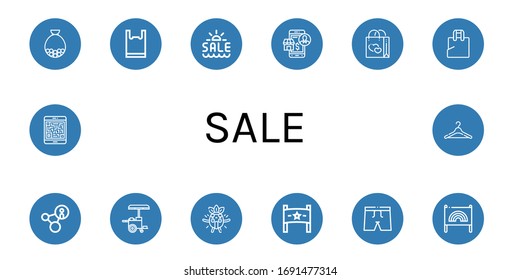 sale simple icons set. Contains such icons as Bag, Plastic bag, Summer sale, Online shopping, Promotion, Hot dog, Surprised, Banner, Trunk, can be used for web, mobile and logo