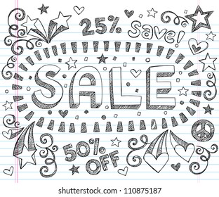 Sale Sketchy Notebook Doodles Discount 50 Percent Off Shopping Hand-Drawn Illustration Design Elements on Lined Sketchbook Paper Background