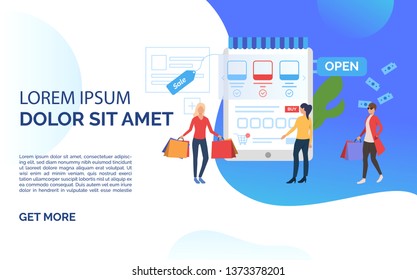 Sale slide template blue presentation. People standing before supermarket. Buying online concept. Vector illustration can be used for topics like sale, shopping, promotion