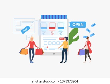 Sale slide template presentation. Three girls standing before supermarket. Vector illustration can be used for topics like sale, shopping, promotion