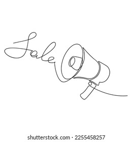 Sale slogan, quote, phrase, text, lettering. One line continuous loudspeaker megaphone icon drawing. Hand drawn linear mouthpiece. Bullhorn silhouette. Hand hold speaker, alert. Discount concept.