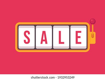 Sale in slot machine games banner. Gambling casino games, slot machine vector with text Sale.