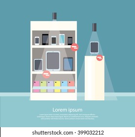 Sale of smartphone design flat store. Sale phone mobile, digital display smarphone device, technology buy, consumerism and store of smartphone, screen electronic gadget vector illustration