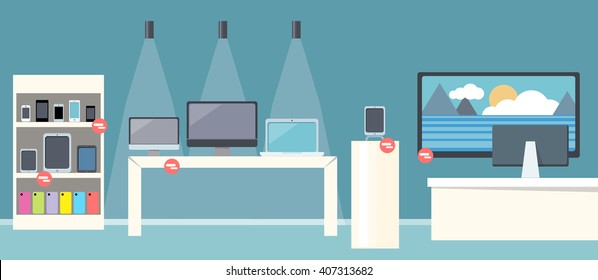 Sale Of Smartphone Design Flat Store. Sale Phone Mobile, Digital Display Smarphone Device, Technology Buy, Consumerism And Store Of Computer, Laptop, Screen Electronic Gadget Vector Illustration