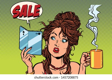 sale. A smartphone with a foldable flexible display. Woman drinking coffee or tea. Comic cartoon pop art retro drawing illustration