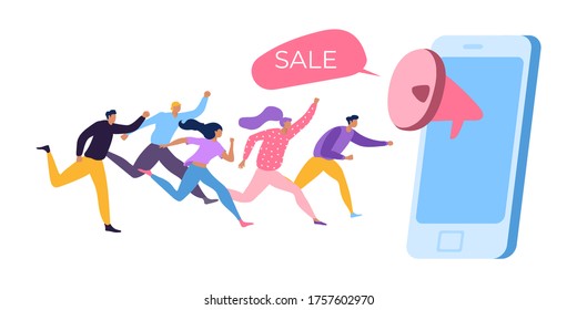 Sale at smartphone, people character running vector illustration. Web marketing, cartoon customer consumer run to phone store. Shop business commerce at internet, digital announcement.