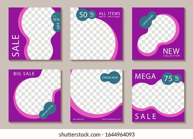 Sale social media banner post templates, violet editable frames. Big mega sale promotion mockups, banner layouts with up to 75% off discount, new collection arrivals, limited offer, social promotion