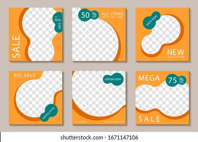 Sale social media banner post templates, orange editable frames. Big mega sale promotion mockups, banner layouts with up to 75 percent off discount, new collection arrivals, limited offer social promo