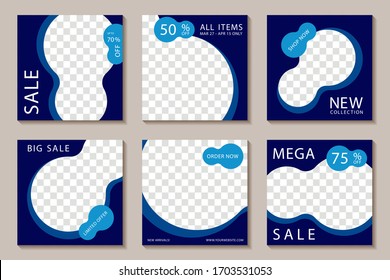 Sale social media banner post templates, indigo editable frames. Big mega sale promotion mockups, banner layouts with up to 75% off discount, new collection arrivals, limited offer, social promotion