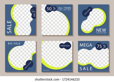 Sale social media banner post templates, blue editable frames. Big mega sale promotion mockups, banner layouts with up to 75% off discount, new collection arrivals, limited offer, social promotion