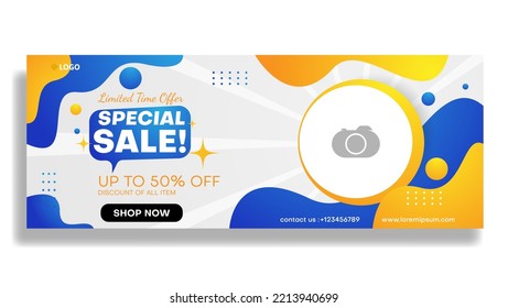 Sale Social media Cover page Design with abstract fluid shapes in blue and orange color