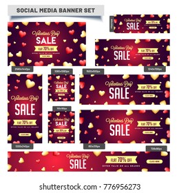 Sale Social Media Post or Banners decorated with glossy red and golden hearts in different sizes for different social media platforms. 