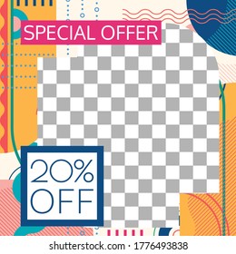 Sale social media post design. Discount frame with abstract geometric shapes. Modern square banner or poster template for promotion and marketing. Vector illustration.