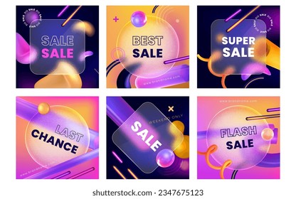 Sale social network story template in glass morphism style. Transparent banners with purple abstract geometric shapes on background. Glassmorphism advertising. 3d creative design brochure templates.