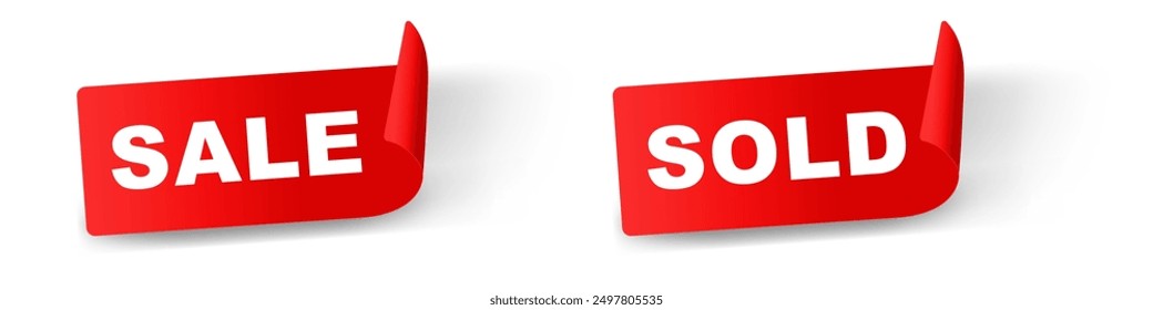 SALE and SOLD tag ,Red Banner Sticker label round rectangular ribbon curl , Sale badge icon symbol vector design for you Property Business Website ,store product discount Price, isolated on white 