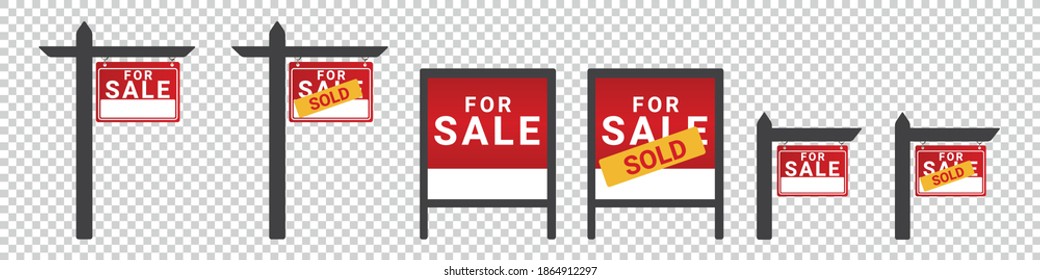 For Sale, Sold Wooden Posts - Different Vector Illustrations - Isolated On Transparent Background