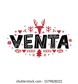 Sale in Spanish - Venta. Lettering poster "Venta" in ethnic folk style with red elements. 