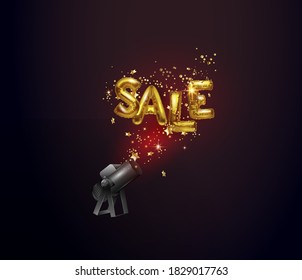 Sale , sparkling gold letters from firecracker balloons and gold confetti with stars. Realistic gold foil balloons holiday posters