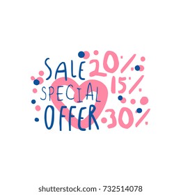 Sale, special offer 15, 20, 30 percent off logo template, special offer label, banner, advertising badge or sticker tag colorful hand drawn vector Illustration