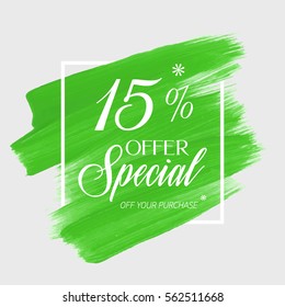 Sale special offer 15% off sign over art brush acrylic stroke paint abstract texture background vector illustration. Perfect watercolor design for a shop and sale banners.