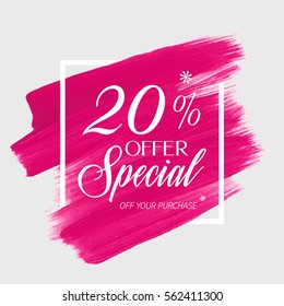 Sale special offer 20% off sign over art brush acrylic stroke paint abstract texture background vector illustration. Perfect watercolor design for a shop and sale banners.