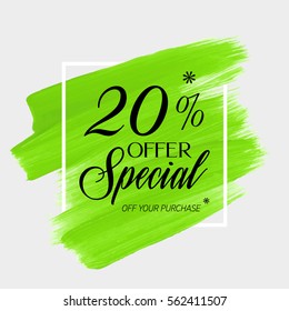 Sale special offer 20% off sign over art brush acrylic stroke paint abstract texture background vector illustration. Perfect watercolor design for a shop and sale banners.