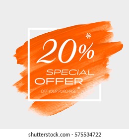 Sale special offer 20% off sign over art brush acrylic stroke paint abstract texture background vector illustration. Perfect watercolor design for a shop and sale banners.