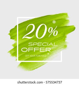 Sale special offer 20% off sign over art brush acrylic stroke paint abstract texture background vector illustration. Perfect watercolor design for a shop and sale banners.