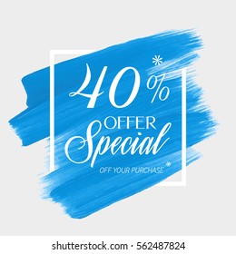 Sale special offer 40% off sign over art brush acrylic stroke paint abstract texture background vector illustration. Perfect watercolor design for a shop and sale banners.