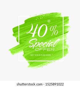 Sale Special Offer 40% sign over acrylic brush paint background - Vector. Perfect watercolor design for a shop label and sale banners.