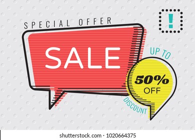 Sale Special Offer 50 % Discount Shopping Creative Concept in Horizontal Strokes Sketch Trendy Speech Bubbles - Multicolor Elements on Grey Holes Wallpaper Background - Vector Flat Graphic Design
