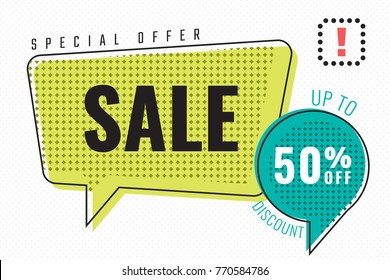 Sale Special Offer 50 % Discount in Trendy Raster Speech Bubbles Shopping Creative Concept - Blue Red and Yellow Elements on White Dots Wallpaper Background - Vector Flat Graphic Design