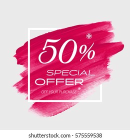 Sale special offer 50% off sign over art brush acrylic stroke paint abstract texture background vector illustration. Perfect watercolor design for a shop and sale banners.