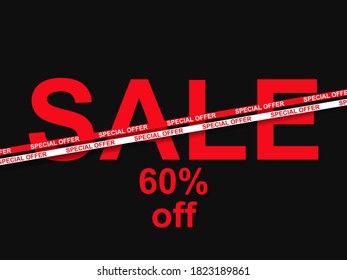 Sale, special offer 60% off. Sale tape ribbon on black background. Black friday. Design for promotional items, banners, coupon and gift cards. Vector illustration