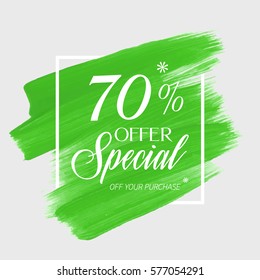 Sale special offer 70% off sign over art brush acrylic stroke paint abstract texture background vector illustration. Perfect watercolor design for a shop and sale banners.