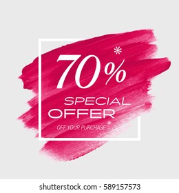 Sale special offer 70% off sign over art brush acrylic stroke paint abstract texture background vector illustration. Perfect watercolor design for a shop and sale banners.