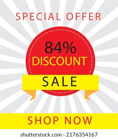 Sale special offer 84% off sign, 84 percent Discount sale minimal banner vector illustration