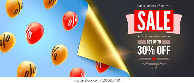Sale, special offer, banner with bended corner of paper, flying helium balloons in blue sky. Vector banner with retro design of text on chalkboard. Special offer, discount 30 percent off