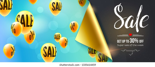 Sale, special offer, banner with bended corner of paper, flying helium balloons in blue sky and handwritten text. Vector banner with design of text on chalkboard. Discount 30 percent off