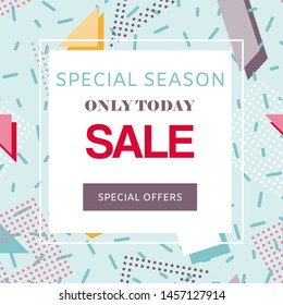 Sale, special offer, discount on geometric vector background. Shop now template. Space for text. Red sale typography with special offers button.