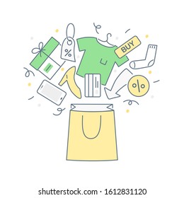 Sale, special offer, discount, shopping process and fast delivery. Put goods in the shopping basket, paper bag. Flat thin line vector illustration for banner, website, app on white background.