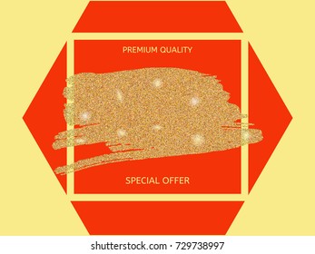 Sale, special offer elegant luxurious premium quality vector banner or poster template. Golden sparkles and glitter on hexagon background and frame. Rich exclusive modern simple sale ads banner design