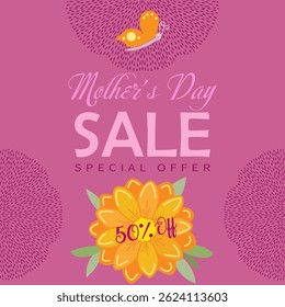 Sale special offer gift card modern floral design with wild flowers bouquet, birds butterfly pattern, pink ribbon yellow wreath Holiday Birthday Anniversary invitation Mother's Day banner for mom set