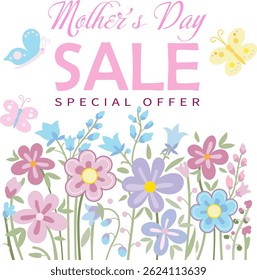 Sale special offer gift card modern floral design with wild flowers bouquet, birds butterfly pattern, pink ribbon yellow wreath Holiday Birthday Anniversary invitation Mother's Day banner for mom set
